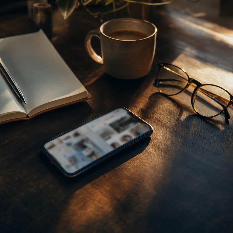 Mesa de trabalho com celular exibindo rede social