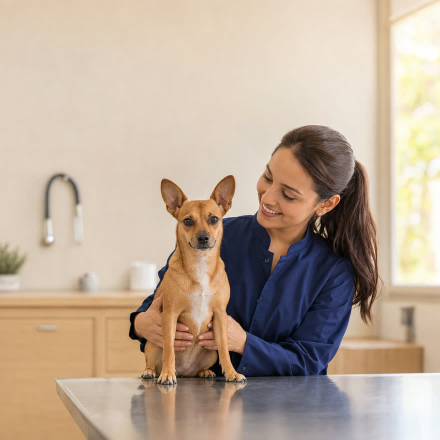 Veterinária atendendo um cachorro, arte de anúncio para clínica veterinária