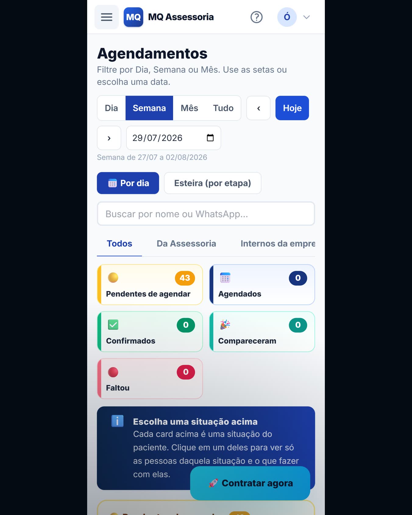 A plataforma do Projeto Visão Brasil aberta no celular, mostrando os agendamentos da semana com pendentes de agendar, agendados, confirmados, compareceram e faltou